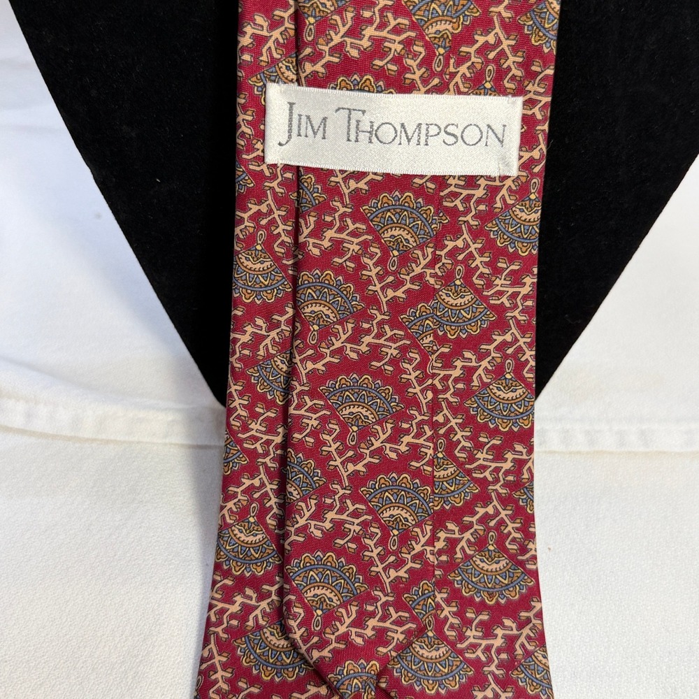 Jim Thompson Silk Tie Mens OS Red Excellent Geometric Thai Silk